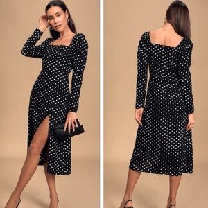NWOT Lulus Charmed and Classy black Polka Dot long sleeve MIDI dress